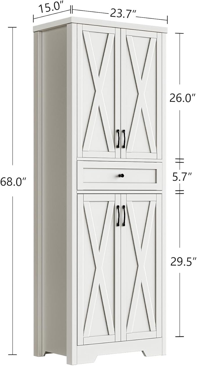68'' Farmhouse Kitchen Pantry Cabinet with Adjustable Shelves, Tall Storage Cabinet with Barn Doors, Freestanding Versatile Cupboard for Dining Room, White