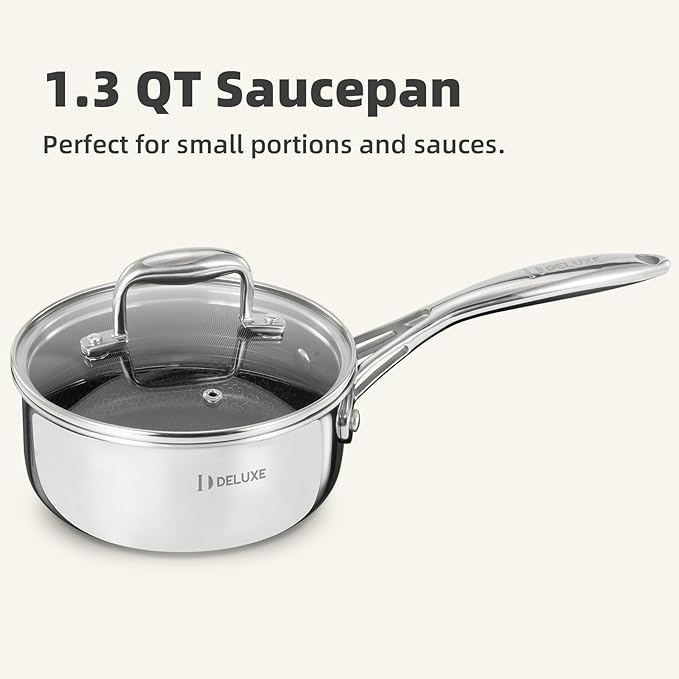 DELUXE Hybrid Ceramic Nonstick 1.3-Quart Saucepan with Tempered Glass Lid, Stainless Steel Pot with Stay-Cool Handle, Dishwasher Oven Safe, Induction Ready, Compatible with All Cooktops