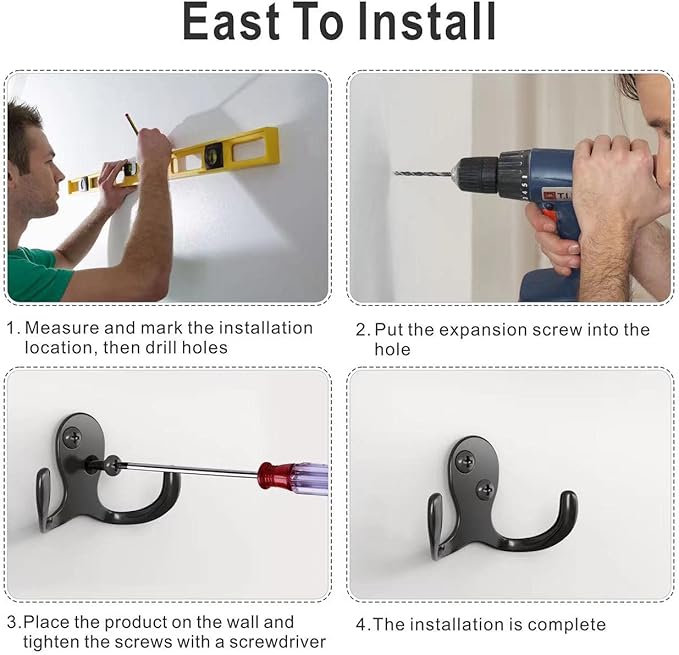 12 PCS Heavy Duty Coat Hooks - Wall Mounted Hooks for Coats, Backpacks, Robes & Hats - Includes 24 Screws