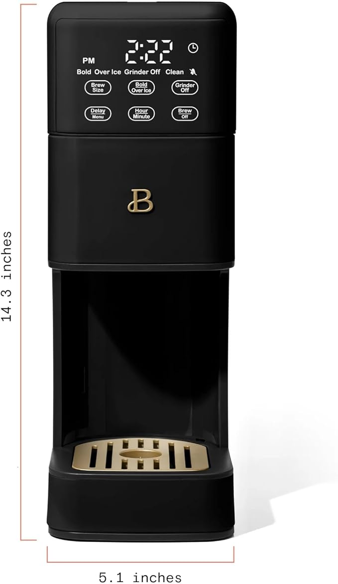 Beautiful™ Perfect Grind™ Programmable Single Serve Coffee Maker – Black by Drew Barrymore, Built-In Grinder for Fresh Grounds, Adjustable Cup Size, Programmable Timer, Reusable Filter, Compact Design
