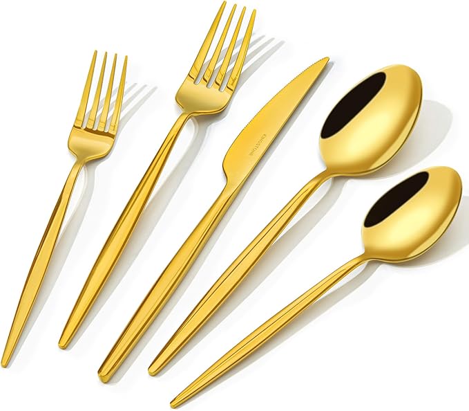 KINGSTONE Silverware Set, 40-Piece Flatware Set Cutlery Set Premium 18/10 Stainless Steel, Tableware Include Forks Knives Spoons for Home Kitchen Restaurant Wedding, Dishwasher Safe, Gold