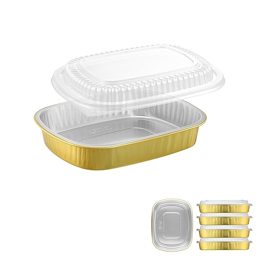 Oval Aluminum Foil Pans with Snap-On Lids (5 Pack) | 2X Thicker Heavy Duty Reusable Container 50oz for Take-Out (Gold)