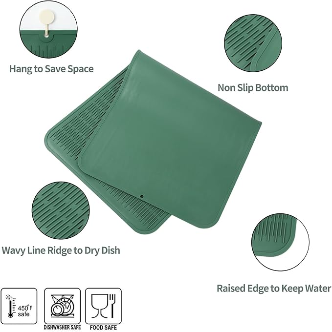 Silicone Dish Drying Mat for Multiple Usage,Easy clean,Eco-friendly,Heat-resistant Silicone Mat for Kitchen Counter or Sink,Refrigerator or Drawer Liner Green 5XL 36inches x 18inches