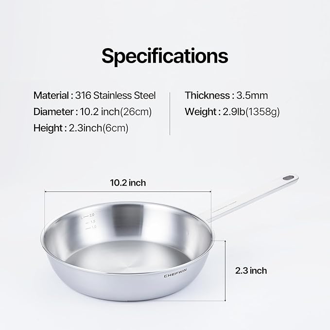 10.2-Inch 316 Stainless Steel Frying Pan, 5-Ply Saute pan, Deep Skillet, Induction Cookware, Dishwasher Safe & Oven Safe, Professional Cookware