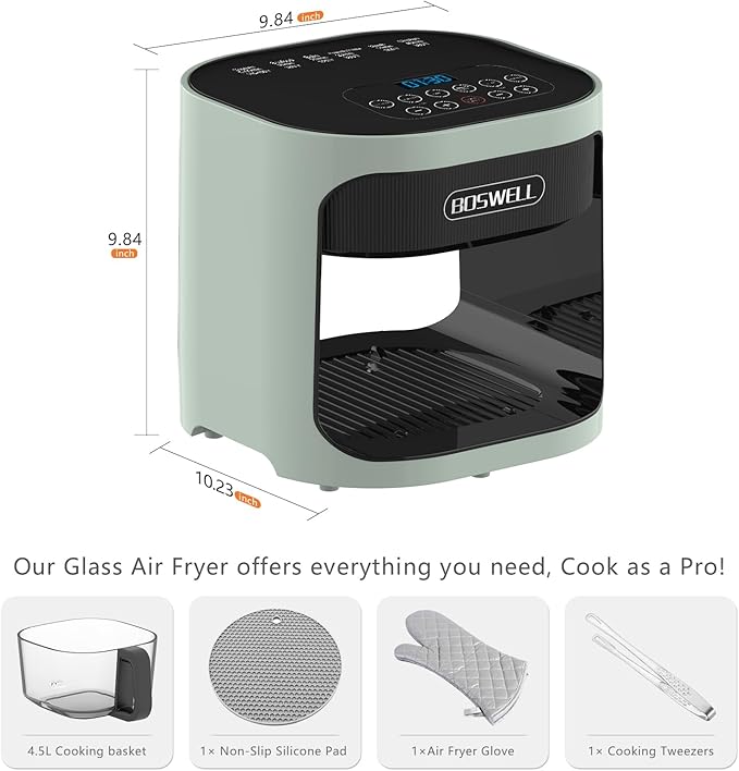 BOSWELL 6 in 1 Glass Air Fryer, 4.5QT Air Fryer with Transparent Glass Pot,Circulating Air Heating, Bake, Broil, Air Fry, Temperature Control, Dishwasher Safe (Green)