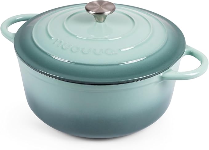 Nuovva Enamelled Cast Iron Dutch Oven Pot with Lid 6.4 Quart Non Stick Casserole Pot – Heavy Duty & Oven Safe up to 500° F for Bread Baking, Braising, Stews, Roasting – 28cm Sea Salt