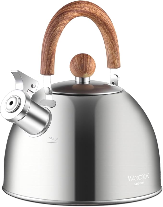 18/8 Stainless Steel Tea Kettle for Stovetop (2L / 2.1 Quart Whistling Tea Pot, Wood Handle)-Silver