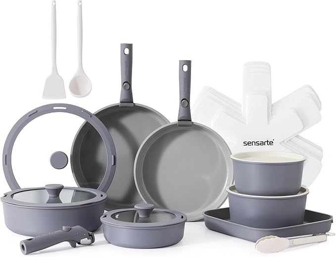 SENSARTE 24 Piece Ceramic Pots and Pans Set, Nonstick Detachable Handle Cookware, Induction Kitchen Cookware Set with Removable Handle, Healthy Non Stick for RV, Dishwasher＆Oven Safe, PFOA Free (Gray)