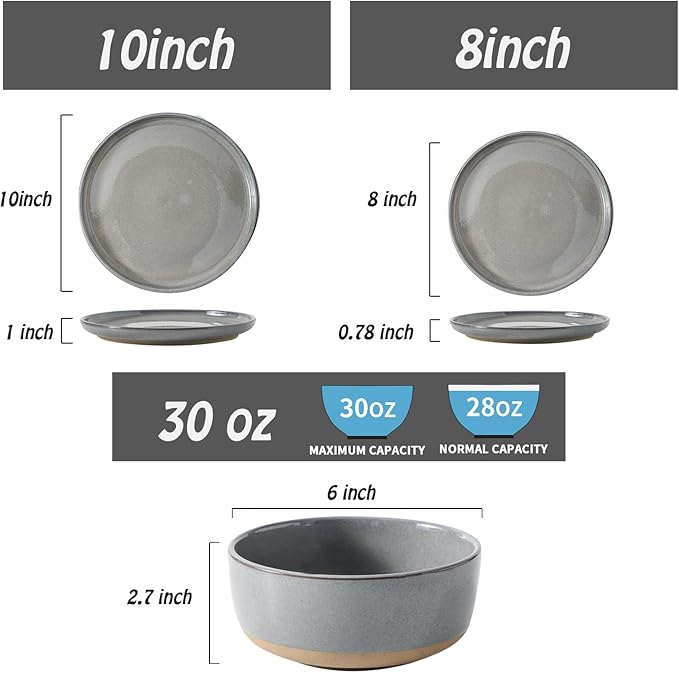Hasense Stoneware 18 Pieces Plates and Bowls Sets, Porcelain Dinnerware Sets for 6, Ceramic Dishes Sets with Speckled Pattern, Scratch Resistant Microwave and Dishwasher Safe, Dark Gray