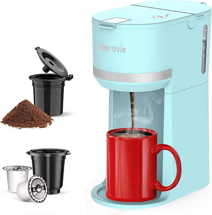 Mini Single Serve Coffee Maker for K Cup and Ground Coffee, Fast Brew One Cup Coffee Machine with Descaling Reminder and Water Window, 6 to 12 oz. Brew Sizes, Light Blue