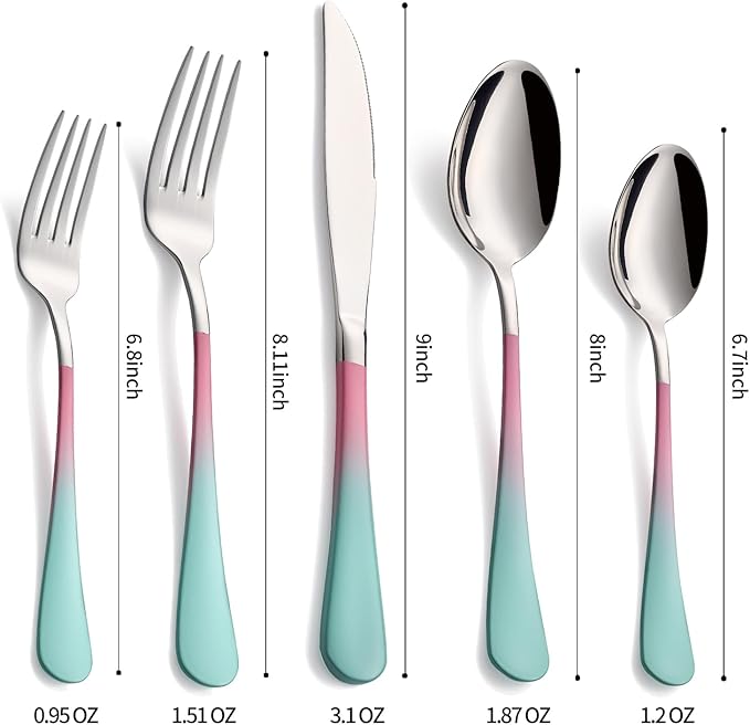 20-Pieces color Silverware Sets for 4,Pink and Green Handle Stainless Steel Cutlery Set, Include Forks Spoons and Knives Set, Dishwasher Safe Utensil Sets for Home Restaurant