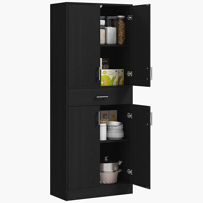 HOMCOM 71" Kitchen Pantry Cabinet with Drawer and Adjustable Shelf, Freestanding Tall Storage Cabinet with 2 Double Door Cupboards, Distressed Black