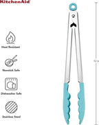 KitchenAid Silicone Tipped Stainless Steel Tongs, 12 Inch, Aqua Sky