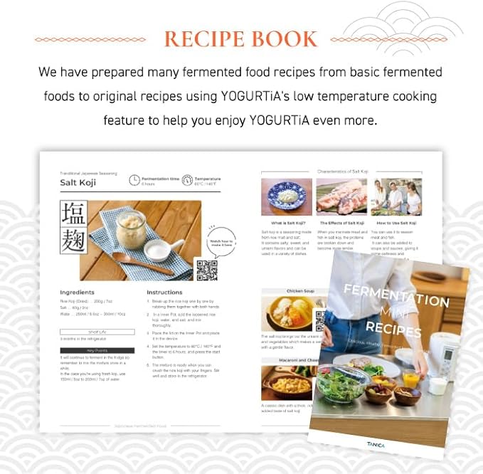 [TANICA] YOGURTiA Fermented Food Maker (1.1L, White, Made in Japan) - Yogurt, Miso, Amazake, Soy Sauce Koji, 2 Glass Pots + Onsen Eggs Stand + Recipes