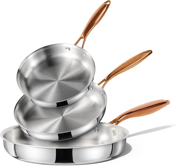 CAROTE 8"+10" +12" Stainless Steel Frying Pan Set, Non-Toxic PTFE & PFOA Free Fry Pan & Omelet Pan, Oven Safe, Compatible with Induction, Ceramic, Gas Cooktops, Silver