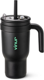 VINUR 30 oz Insulated Tumbler with Handle & Straw Lid-Stainless Steel Double Wall Vacuum Drink Water Cup Coffee Mug with Rubber Base, Black