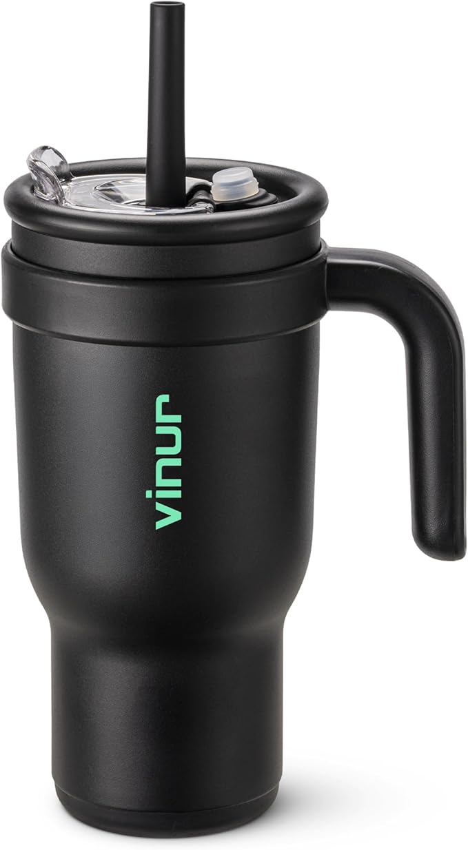 VINUR 30 oz Insulated Tumbler with Handle & Straw Lid-Stainless Steel Double Wall Vacuum Drink Water Cup Coffee Mug with Rubber Base, Black
