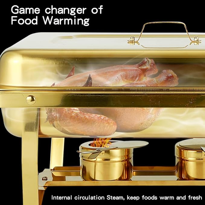 Chafing Dish Buffet Set with Gold Frame, 9 Quart Capacity, 4 Pack, Full Size Chafers