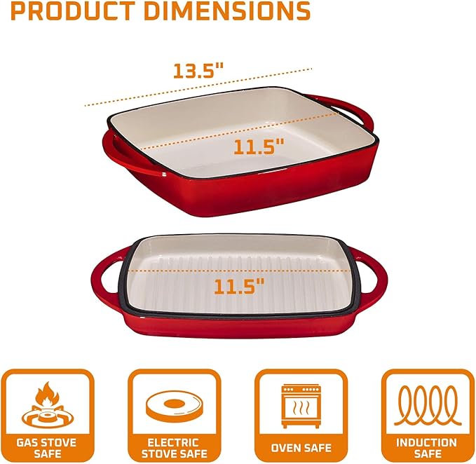 Bruntmor 2-in-1 Square Enameled Cast Iron Dutch Oven Baking Pan and Gridle Lid with Dual Handles, Cast Iron Skillet lid, Coating Gridle for Baking, Bacon,Steaks - Red