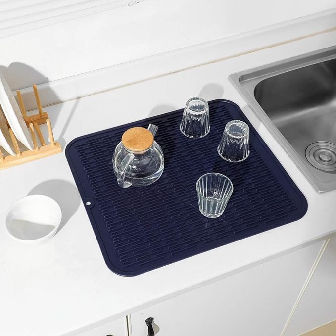 Silicone Dish Drying Mat for Multiple Usage,Easy clean,Eco-friendly,Heat-resistant Silicone Mat for Kitchen Counter or Sink,Refrigerator or Drawer Liner Navy Blue 2XL 24 inches x 18 inches