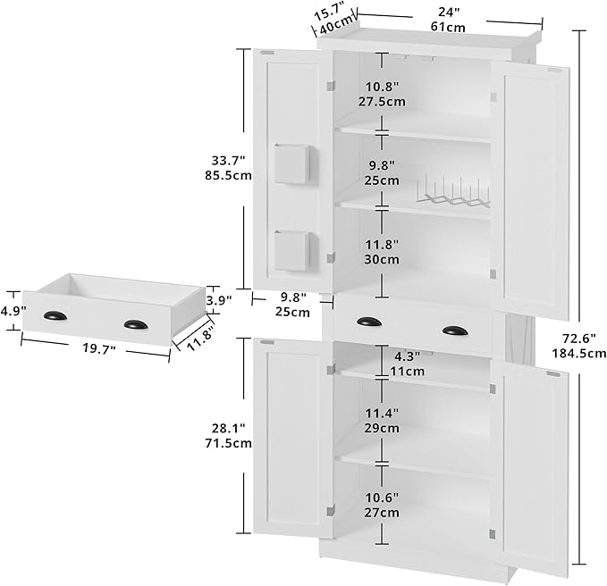 IRONCK Kitchen Pantry Storage Cabinet 72.6" H x 24" W, with Barn Doors, Drawer, 4 Adjustable Shelves, Freestanding Cupboard, Laundry, White