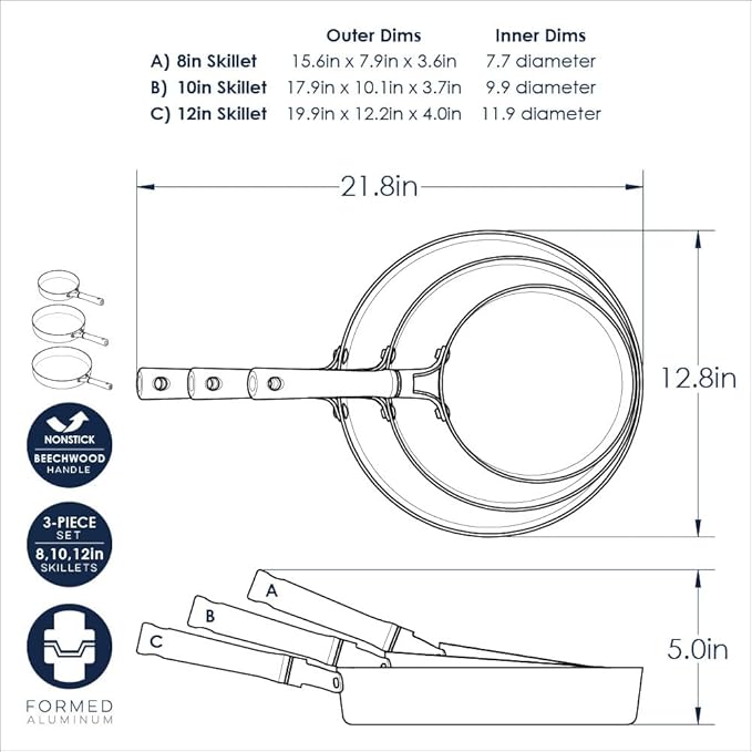 Nordic Ware Cardamom Ceramic Nonstick 3 Piece Fry Pan Set - Includes 8 Inch, 10 Inch and 12 Inch