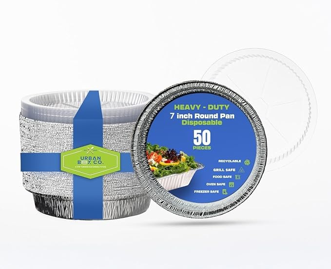 Urban Box Co. 7 inch Round Disposable Aluminum Foil Pans (50 Pack) - Ideal for food storage, baking, Grilling, Cooking, Catering, Prepping (50, No Lid)
