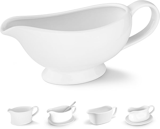 Kook Ceramic Gravy Boat, Serving Dispenser, Porcelain Pitcher for Sauces, Dressings and Creamer, Large Handle, Microwave and Dishwasher Safe, 21 oz, White