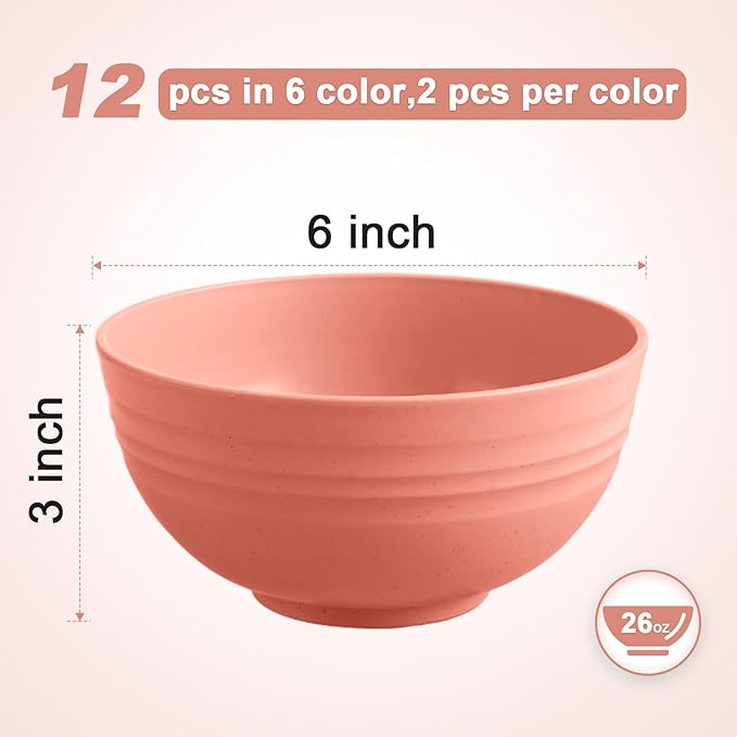 12 Pcs Unbreakable Cereal Bowls Set, 26 Oz Wheat Straw Bowls Set, Microwave & Dishwasher Safe Bowls for Kitchen, Reusable Plastic Bowls for Soup, Salad and Snack, BPA Free, Multicolor