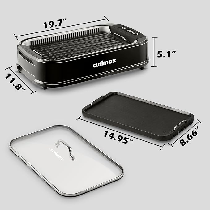 Indoor Grill, CUSIMAX Smokeless Grill Indoor, 1500W Electric Grill Griddle Korean BBQ with LED Smart Display & Tempered Glass Lid, Non-stick Removable Grill Plate & Griddle Plate, Black