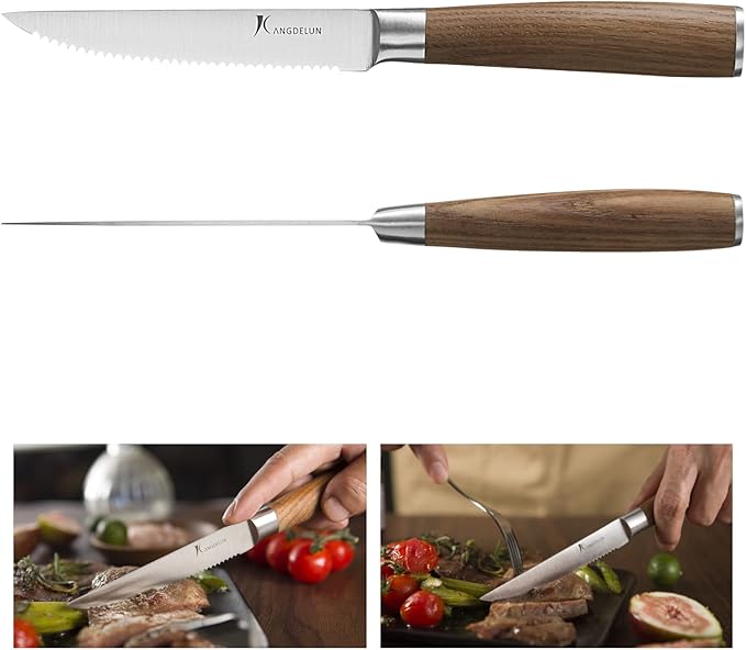 Natura Series 4.5” Serrated Steak Knife Set of 6, High Carbon Stainless Steel, Wooden Handle