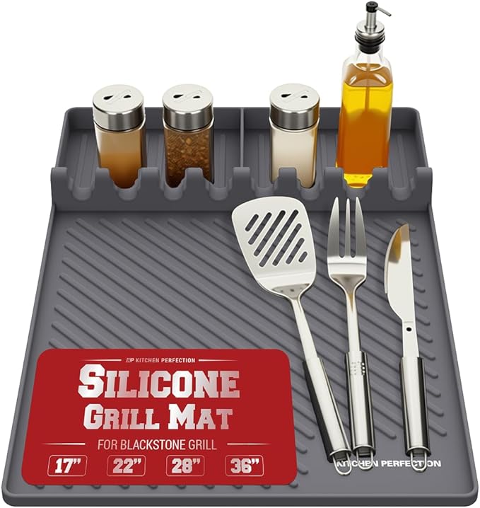 Kitchen Perfection Silicone Grill Mat for Blackstone Griddle Accessories - Silicone Tools & Spatulas Mat with Drip Pad - Keeps Your Griddle Clean and Your Utensils Organized - Great BBQ Gift