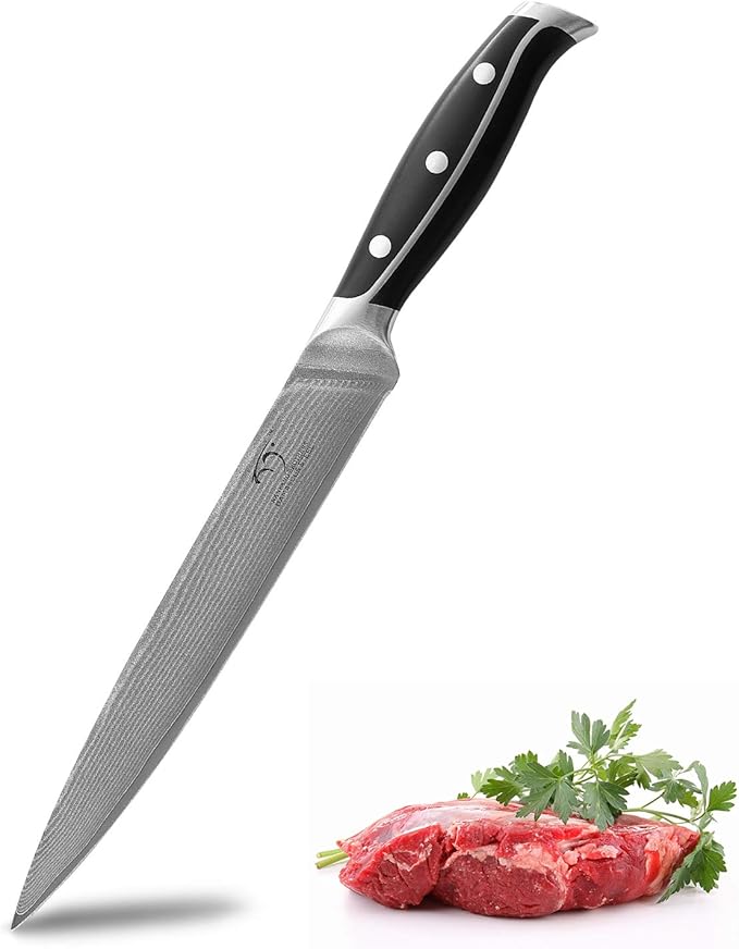 Damascus Kitchen Knife, 8 Inch Slicing Knife Professional Kitchen Knife Forged with VG10 Super Steel 67-Layer Damascus, Non-slip ABS Ergonomic Triple Rivet Handle, Razor Sharp Lightweight Multipurpose