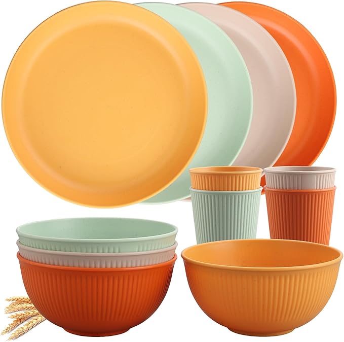Tanice Camping Plates and Bowls Set for 4, 12-Piece Unbreakable Plastic Dinnerware, Microwave & Dishwasher Safe, Dinnerware Set with Pltaes, Bowls, Cups for Outdoor Picnic, RV, Travel Essentials