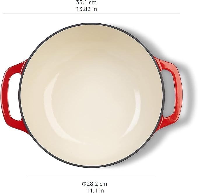 Amazon Basics Cast Iron Dutch Oven Pot with Lid, Enameled, Round, Dual Handles, Heavy-Duty, Medium, 6-Quart, Red