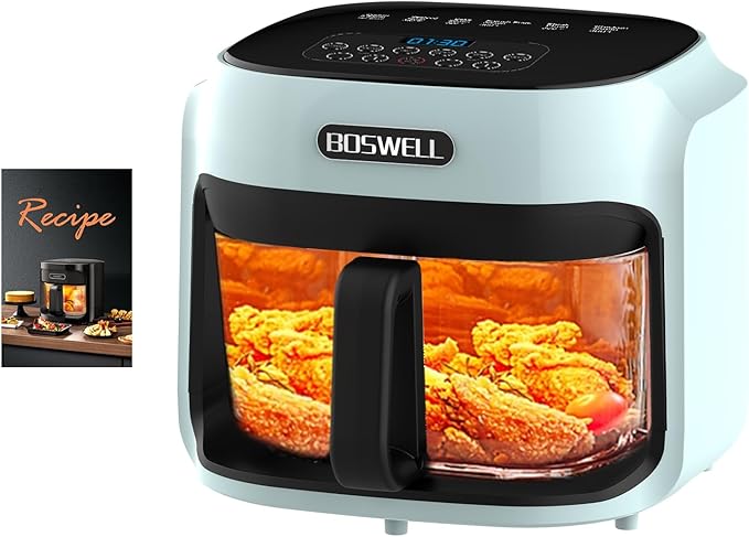 BOSWELL Glass Air Fryer, 7.6QT with Transparent Fry Bowl, Circulating Heating, Temperature Control, Stainless Steel Air Fryer Roast, Dishwasher Safe (Green)