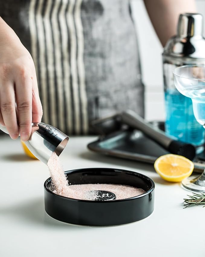 Bar Glass Rimmer for Margarita and Cocktail, Ceramic Salt Sugar Glass Rimmer Sugar Container for Cocktails Home Bar Accessories Set of 2, Black