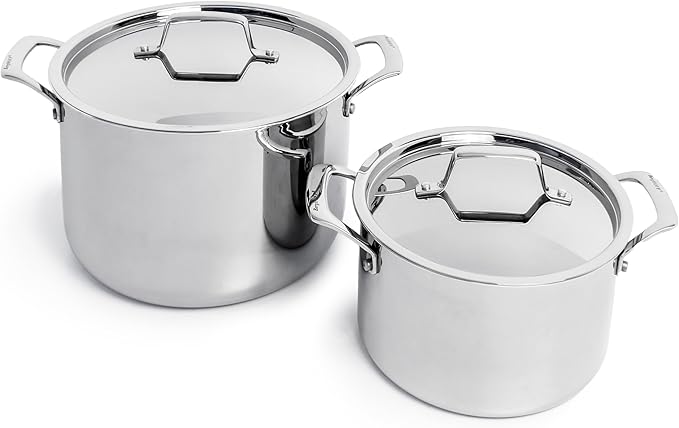 BergHOFF Professional Tri-ply 18/10 Stainless Steel Stockpot 8" 4 Qt. Safe Grip Handle Matching Lid Induction Cooktop Measurement Markings Inside Fast & Even Heat Oven Safe