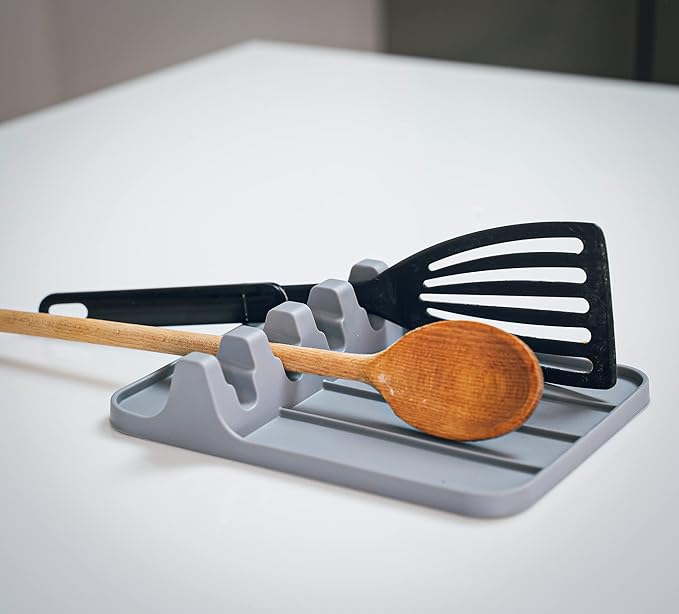 Silicone Utensil Rest and Spoon Holder, Heat Resistant Kitchen Spoon Rest for Multiple Utensils, Dishwasher Safe Drip Pad for Spatulas, Tongs, Ladles, and Spoons (Cool Gray)