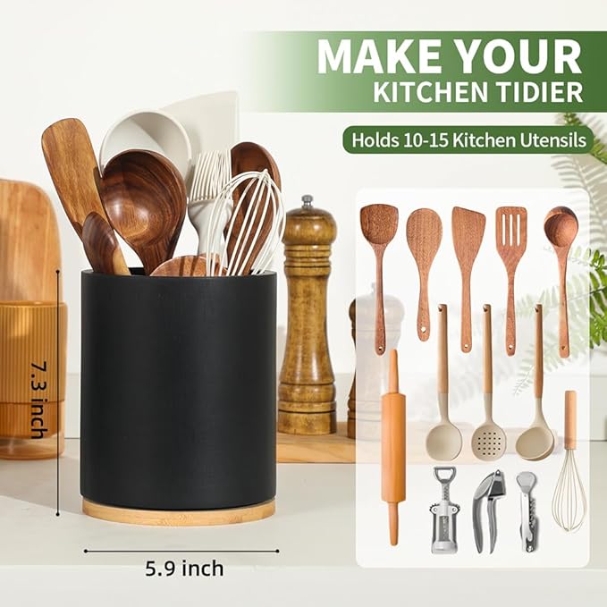Wooden Utensil Holder, 360°Rotating 7.3'' Large Utensil Holder for Kitchen Counter, Kitchen Utensil Organizer, Utensil Crock, Farmhouse Kitchens Countertop Decor, Black Color