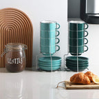 Sweejar Porcelain Espresso Cups with Saucers, 4 Ounce Stackable Cappuccino Cups with Metal Stand for Coffee Drinks, Latte, Tea - Set of 4 (Turquoise)