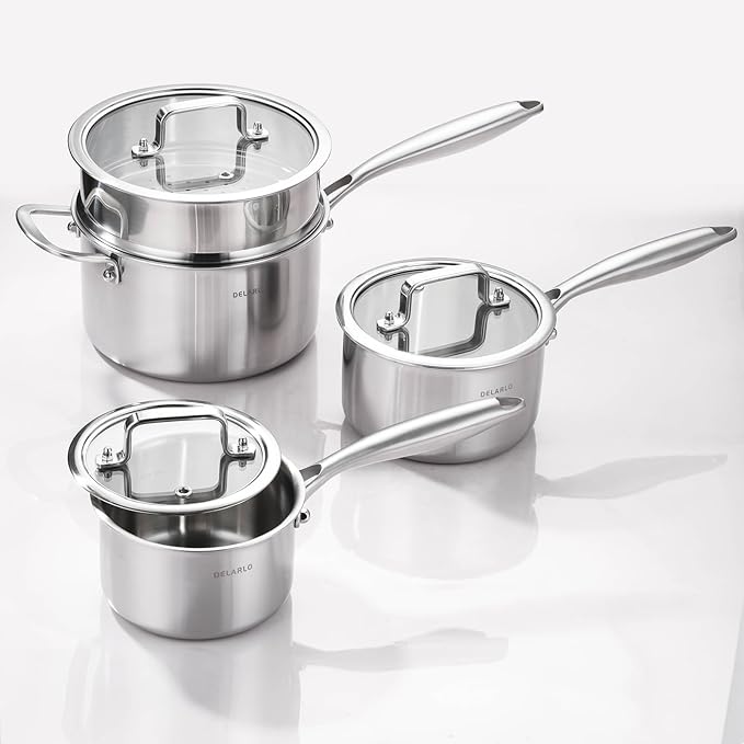 DELARLO Kitchen Pot Set, Tri-Ply Stainless Steel Saucepan Set, 1.0QT 2QT 3.5QT, Cooking Set, Fast Even Heat, Saucepan set Compatible with all Cooktops 600℉（Lids 300℉）3.5QT Pot with a Steamer
