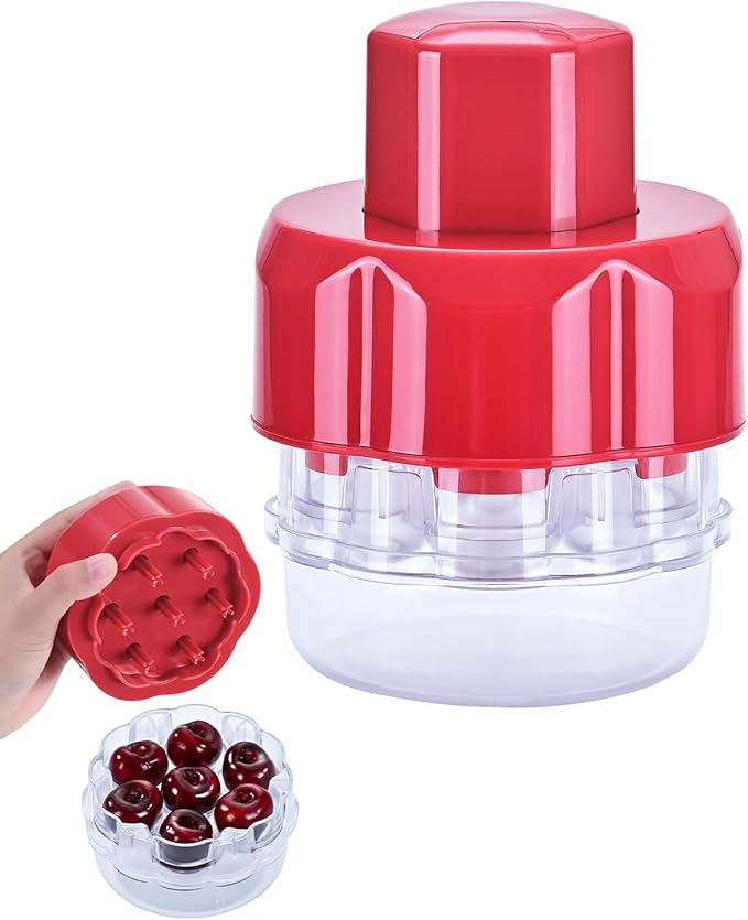 Cherry Pitter Tool, Multiple Fruit Seed Remover, 7-Cherry Capacity, Red and Clear