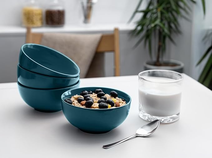 KooK Soup Bowls, Cereal Bowl, Ceramic, Bowls for Kitchen, Microwave, Dishwasher and Freezer Safe, Porcelain Dishes for Pasta, Salad, Oatmeal, Deep Interior, 20 oz, Set of 6, (Teal)