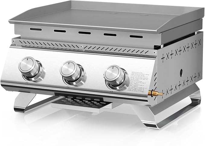 R.W.FLAME Premium 3-Burner Tabletop Propane Gas Griddle Stainless Steel Portable Outdoor Griddle,24,000 BTU Compact Flat Top Camping BBQ Grill,347 Sq. In. Cooking Area,Heavy Duty