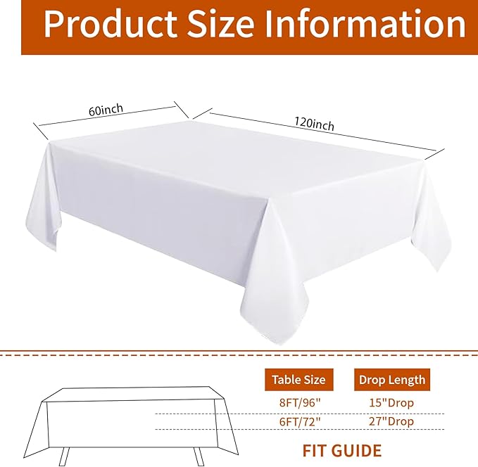 6 Pack White Square Tablecloths, 60 x 120 Inch Stain Resistant and Wrinkle Polyester Fabric Washable Table Clothes Cover for 6 Foot Table, Wedding, Reception Banquet, Birthday Party, Buffet Restaurant