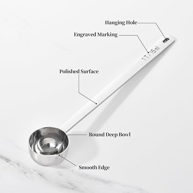 Long Handle Coffee Scoop: 8.3 Inch 18/8 Stainless Steel 1 Tablespoon Metal Measuring Spoon Tbsp Scoop for Coffee Beans, Grounds Coffee, Coffee Powder, Tea, Tall Jars (1Tbsp/15ml)
