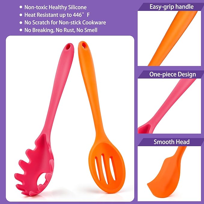 P&P CHEF Silicone Cooking Utensils Set of 7, Heat-proof Kitchen Utensils Set for Nonstick Cookware, Non-stick Spatula, Slotted Turner, Soup Ladle, Pasta Server, Spoon for Cooking Serving - Multicolor
