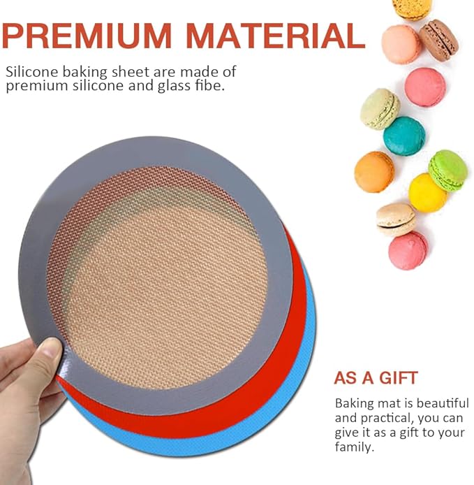 8 Inch Round Silicone Baking Mat, Set of 3 Reusable Silicone Baking Mats, Silicone Mat for 8 Inch Cake Pan, Silicone Mat for Baking Cake, Pizza, Pie, Bread, Macaron (Red, Blue, Grey)