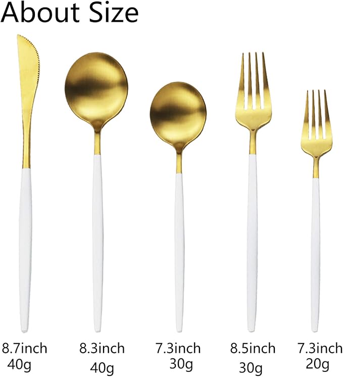 JASHII Flatware Silverware Set Stainless Steel Satin Finish Cutlery Set Service for 6, 30-Piece Spoons And Forks Kitchen Utensil Set, Dishwasher Safe (Matte White handle gold)